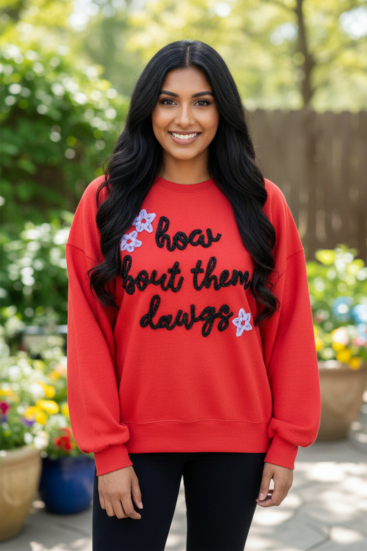Fiery Red How Bout Them Dawgs Embroidered Script Balloon Sleeve Sweatshirt