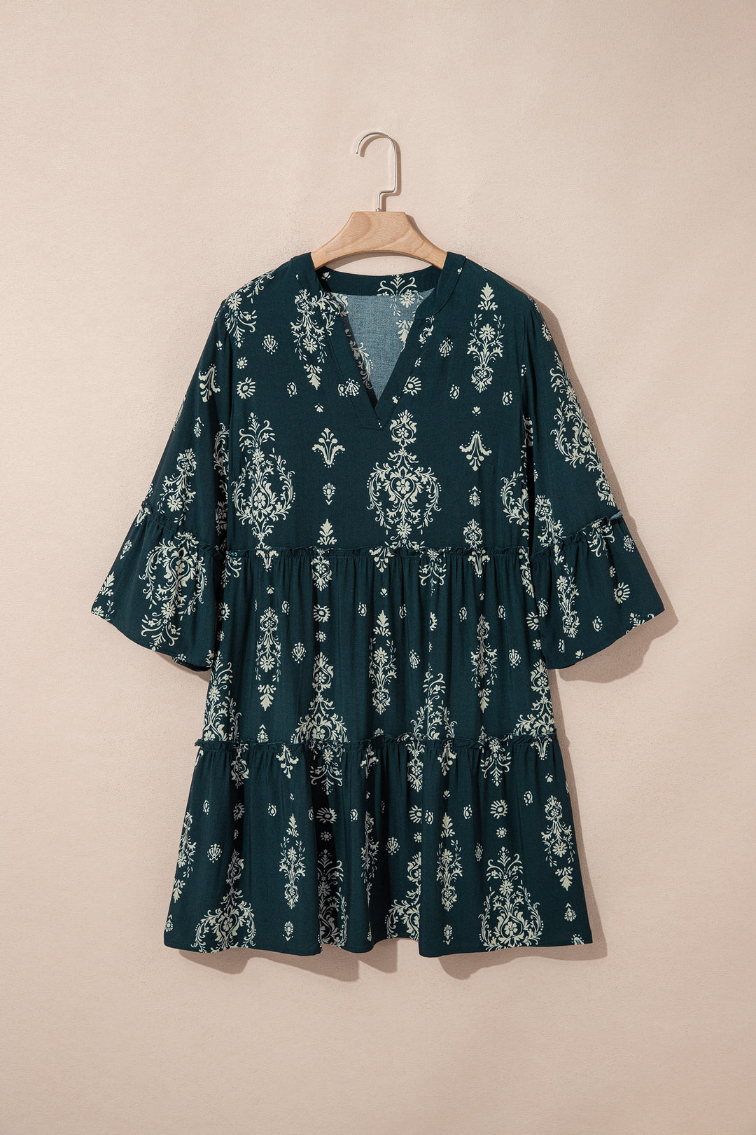 Blue Boho Floral Print Lettuce Trim 3/4 Sleeve Mini Dress