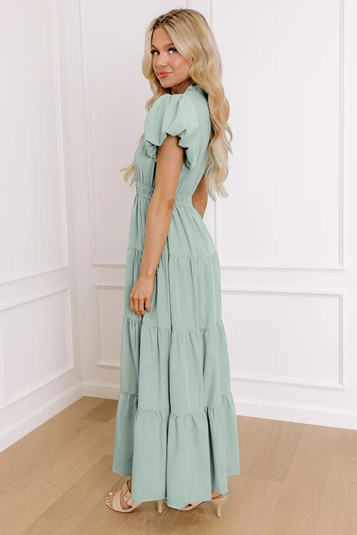 Clearly Aqua Solid Color V Neck Short Puff Sleeve High Waist Tiered Maxi Dress