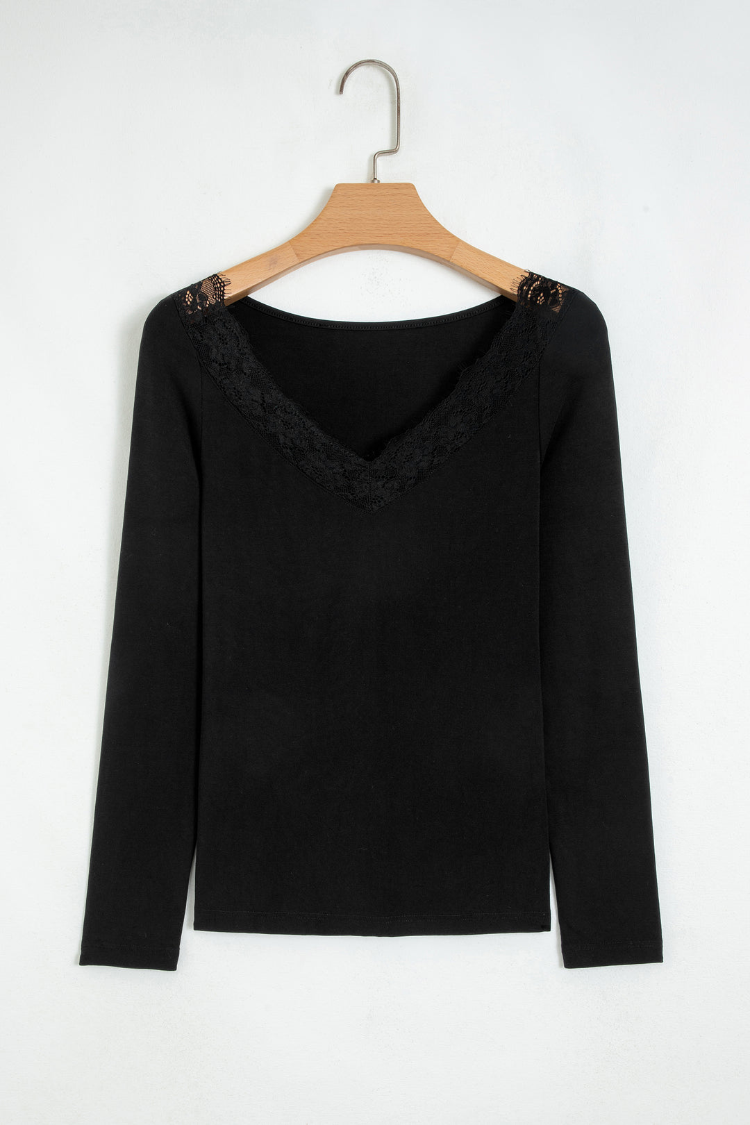 Black Lace Trim Elegant Neckline Long Sleeve Slim Top