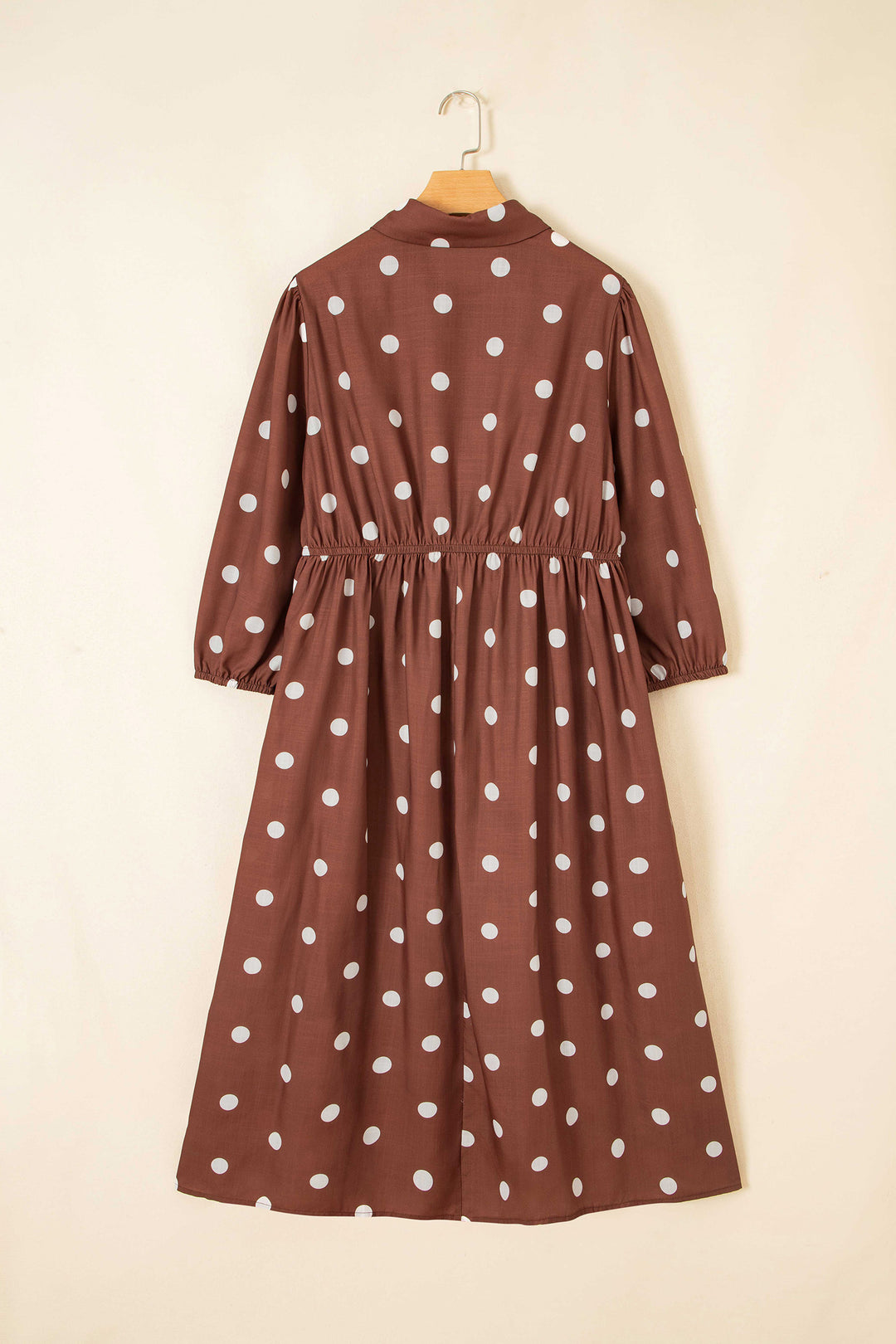 Brown Polka Dot V Neck Abdomen Pocket Gathered Cuffs Long Sleeve Shift Plus Size Dress