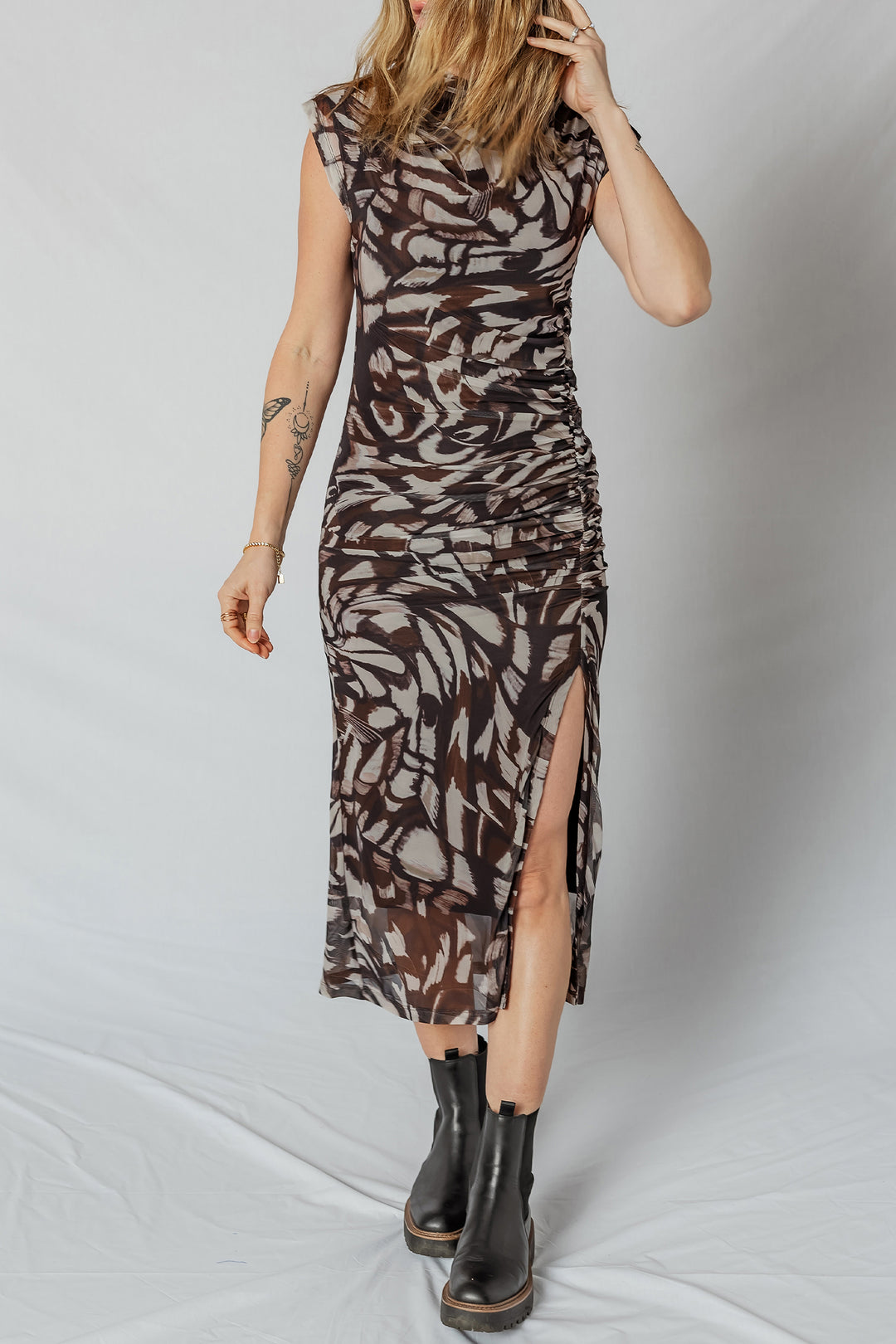 cowl neck ruched cap sleeve sheath midi dress Cowl Neck Ruched Midi Dress