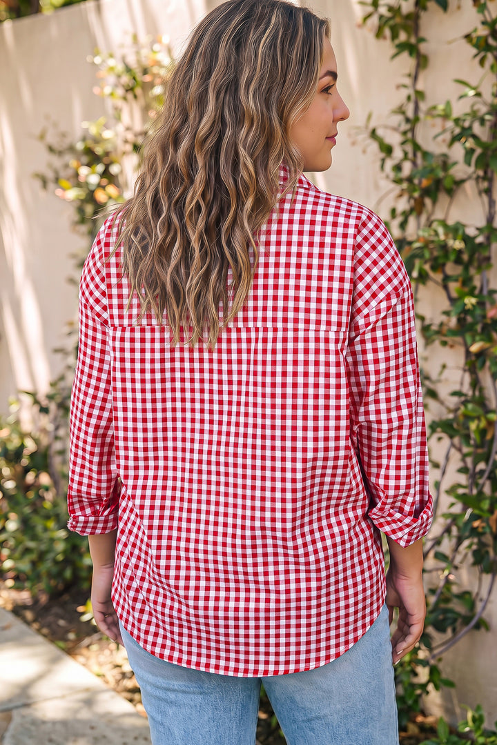 Red Plaid V Neck Long Sleeve Tunic Loose Fit Plus Size Shirt