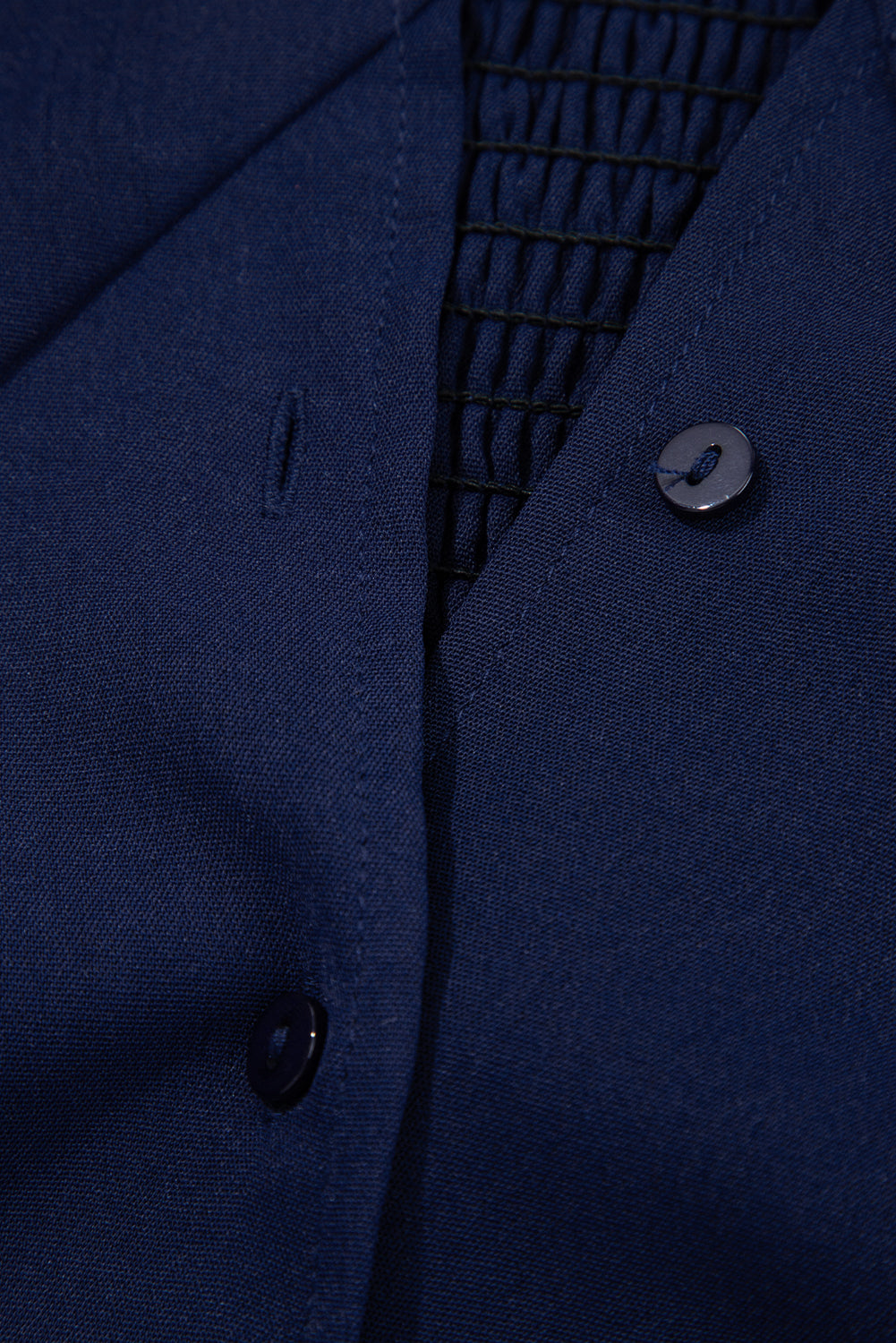 Navy Blue V Neck Buttoned Front Shirred Back Short Sleeve Midi Dress