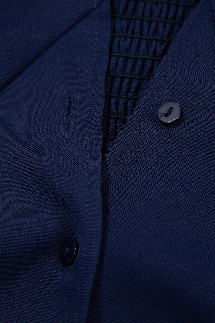 Navy Blue V Neck Buttoned Front Shirred Back Short Sleeve Midi Dress