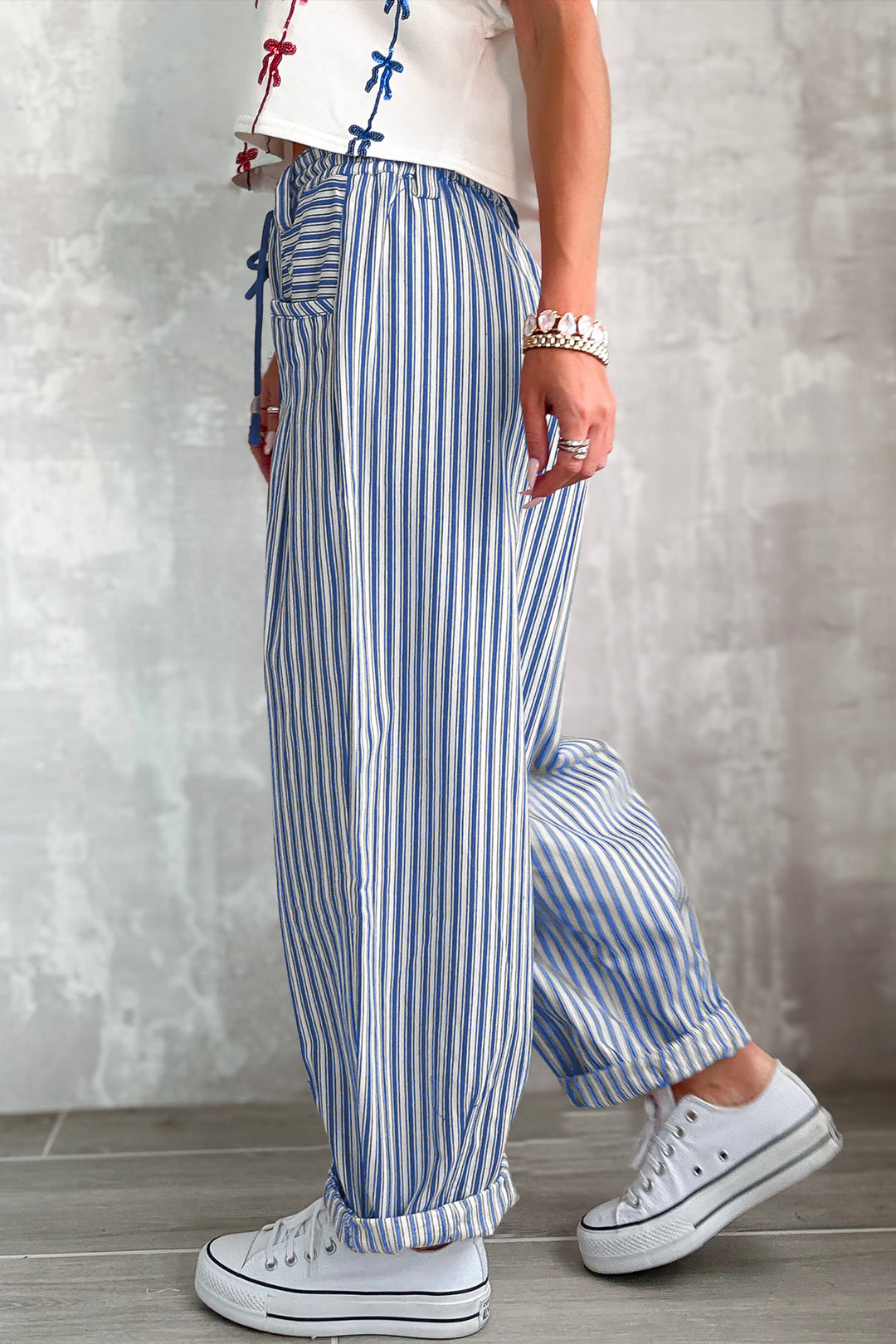 Black Stripe Drawstring Casual Loose Pants