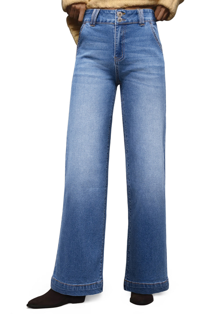 Sky Blue Double Button Zip Fly Straight Leg Jeans