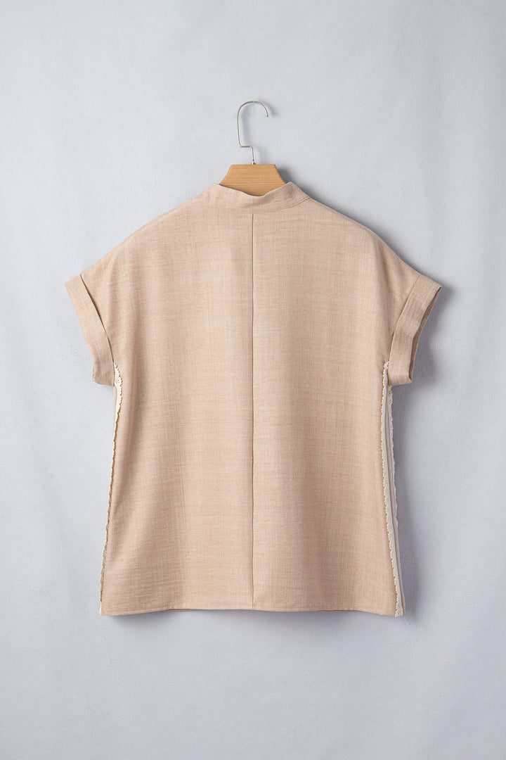 Parchment Crochet Lace Accent Pullover Rolled Short Sleeve Blouse