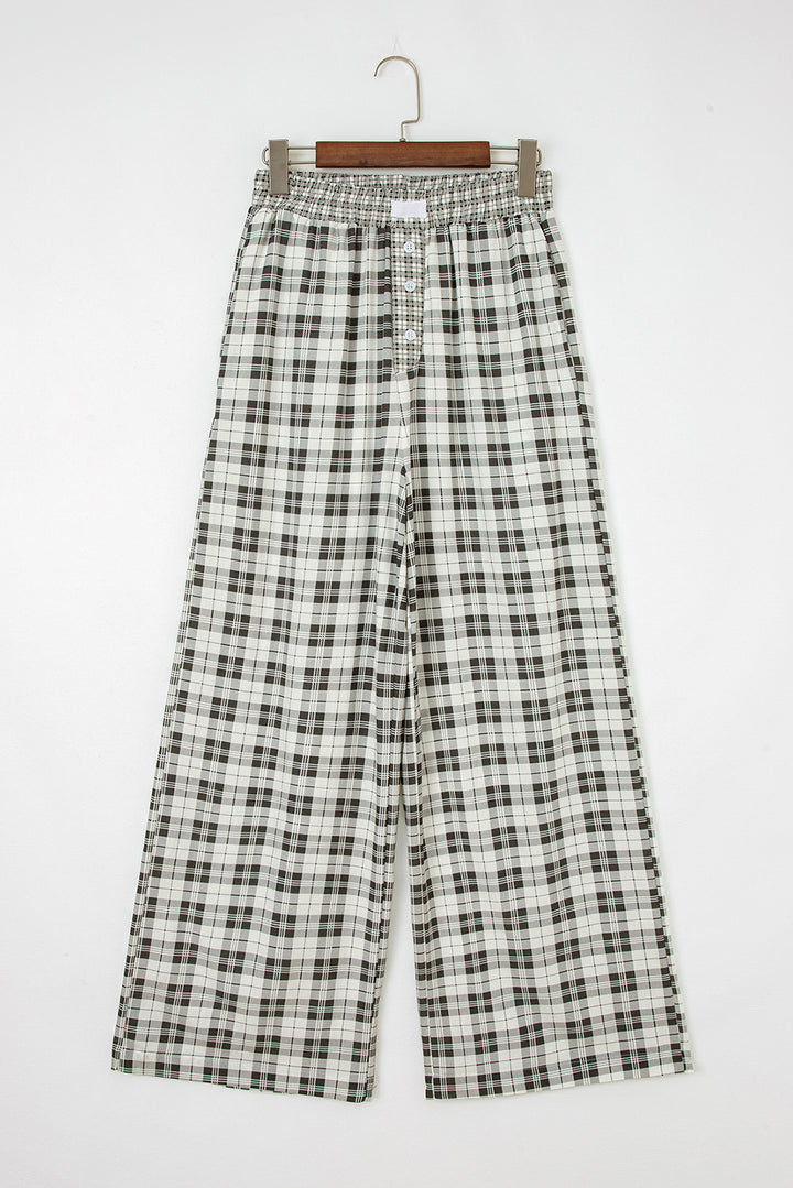 Gray Plaid Wide Leg Casual Pants