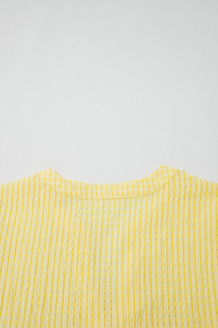 Yellow Gingham Textured Bow Tie Short Sleeve Tiered Midi Dress