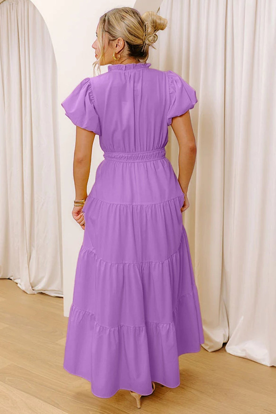 Clearly Aqua Solid Color V Neck Short Puff Sleeve High Waist Tiered Maxi Dress