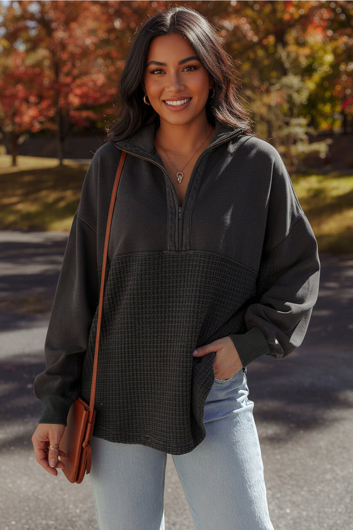 Carbon Grey Waffle Knit Patchwork Half Zipped Casual Sweatshirt