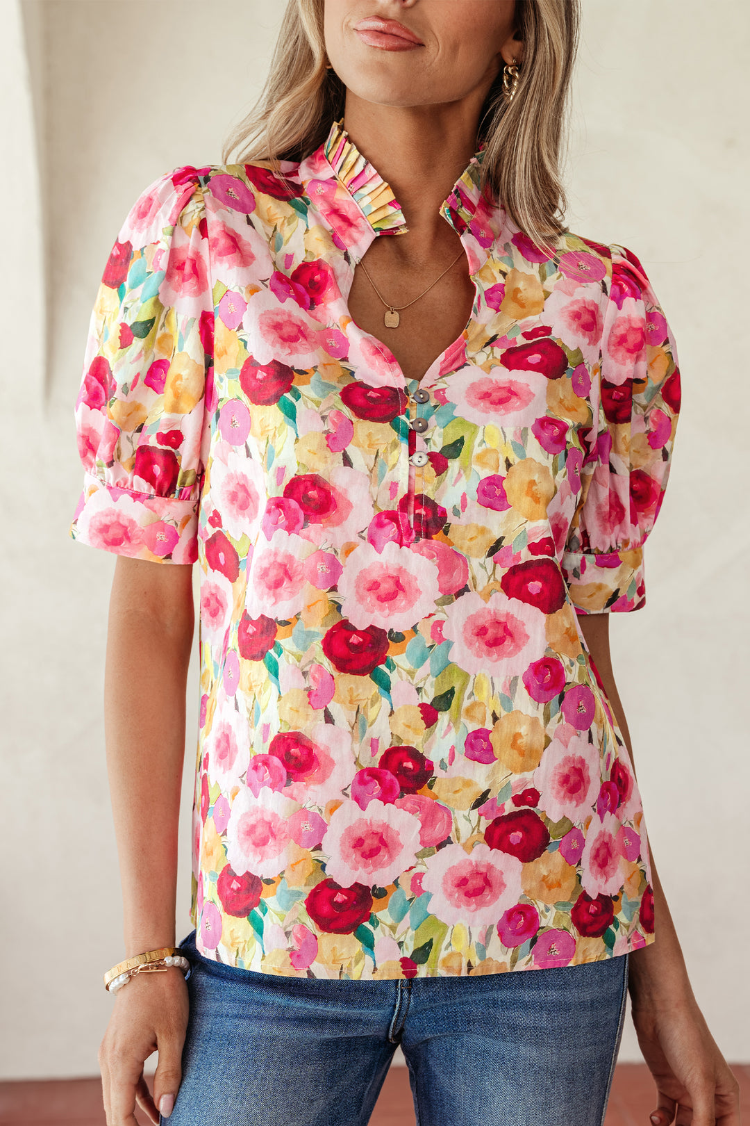 Pink Floral Frilled V Neck Puff Short Sleeve Cotton Blouse