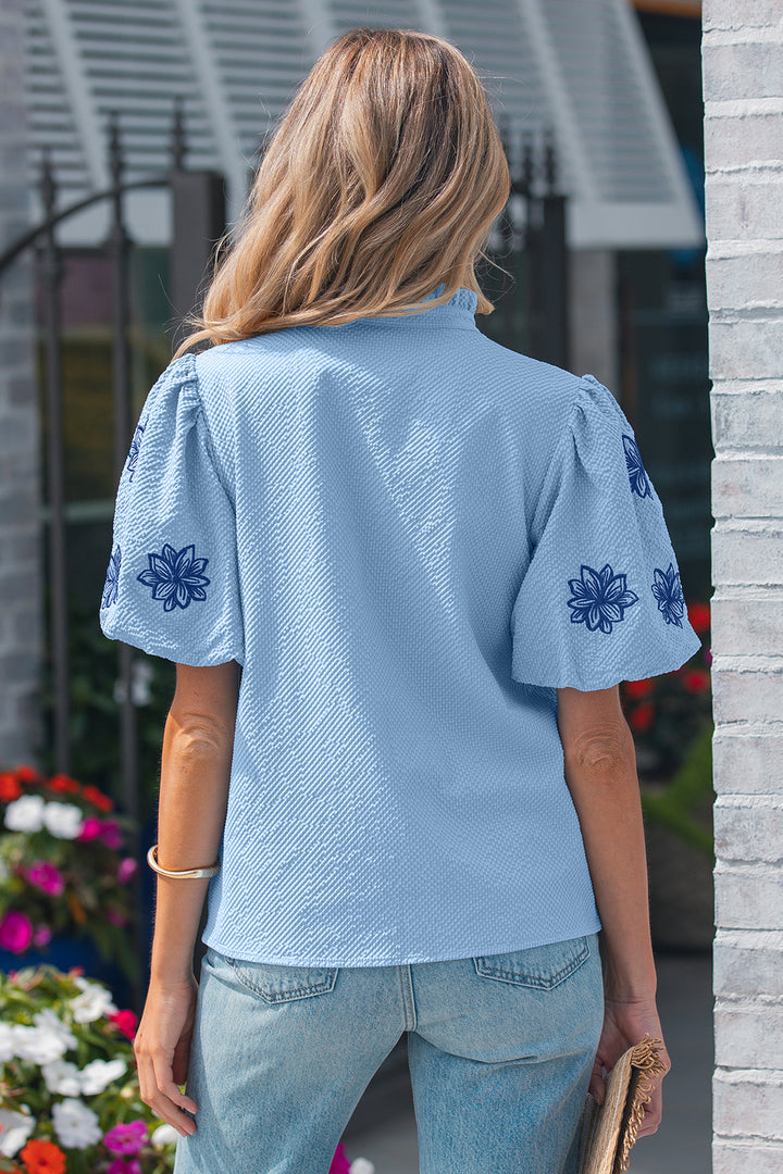 Beau Blue Flower Embroidered Puff Sleeve Split Neck Textured Blouse