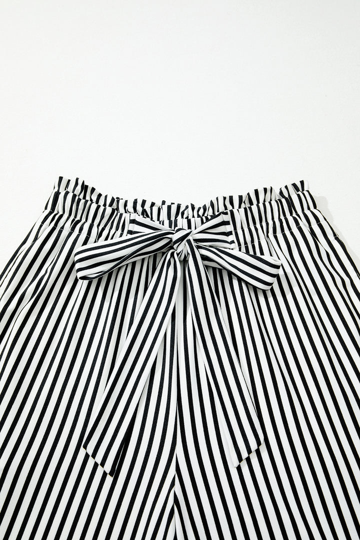 Black Stripe Tied High Waist Loose Straight Casual Pants