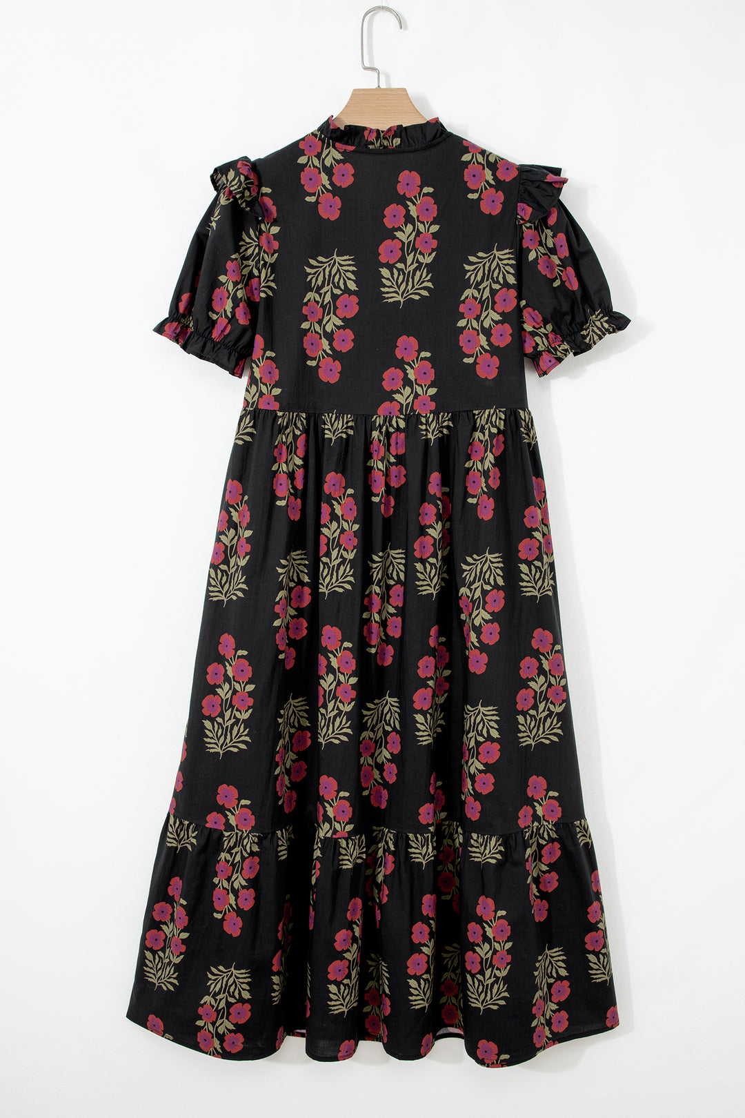 Black Floral Short Bubble Sleeve Tiered Maxi Dress