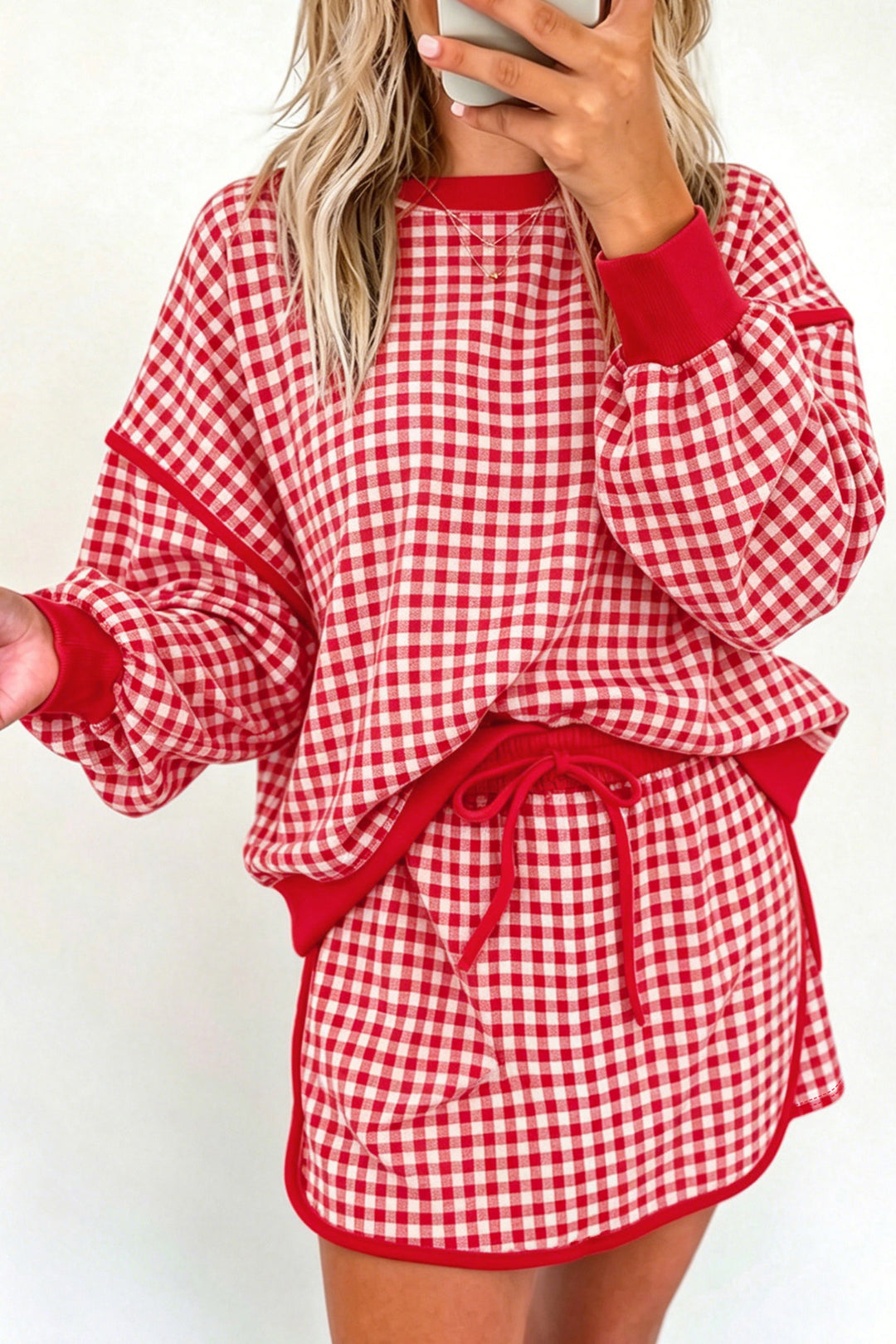 Brown Gingham Oversized Ribbed Trim Crew Neck Long Sleeve Top and Skort Set