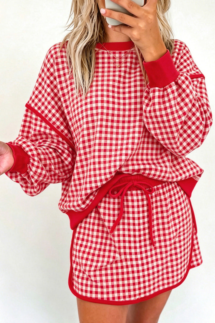Brown Gingham Oversized Ribbed Trim Crew Neck Long Sleeve Top and Skort Set