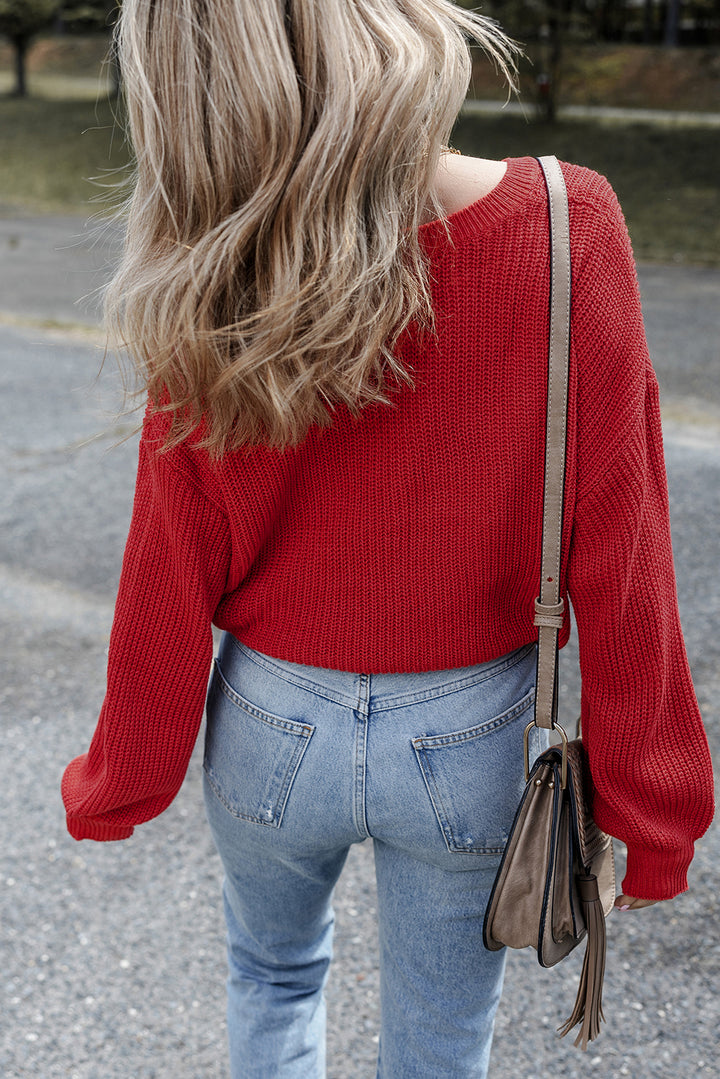 Racing Red Solid Textured Knit V Neck Drop Shoulder Sweater
