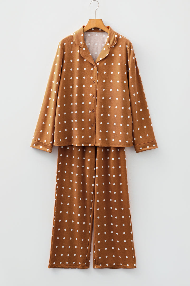 Brown Polka Dot Print Long Sleeve Shirt Pant 2pcs Pajama Set