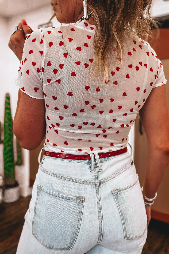 Pink Allover Heart Print Mesh Short Sleeve Top
