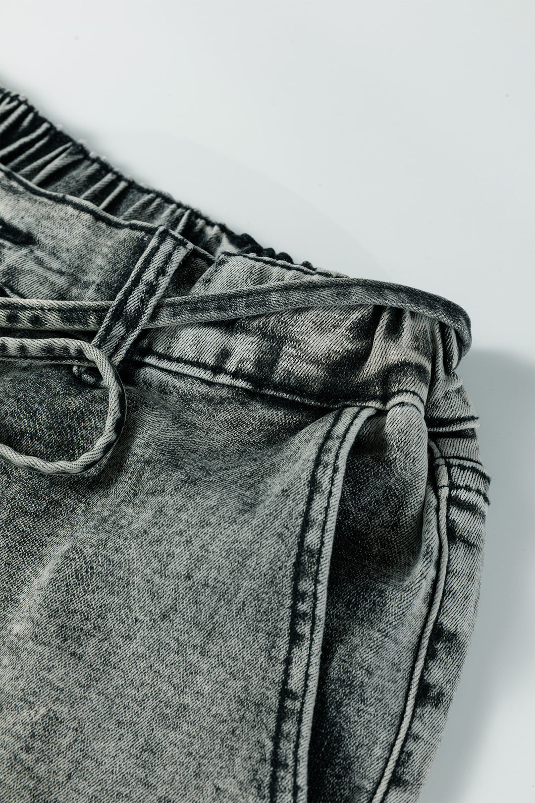 Gray Acid Wash Barrel Fit Denim Pants with Waist String