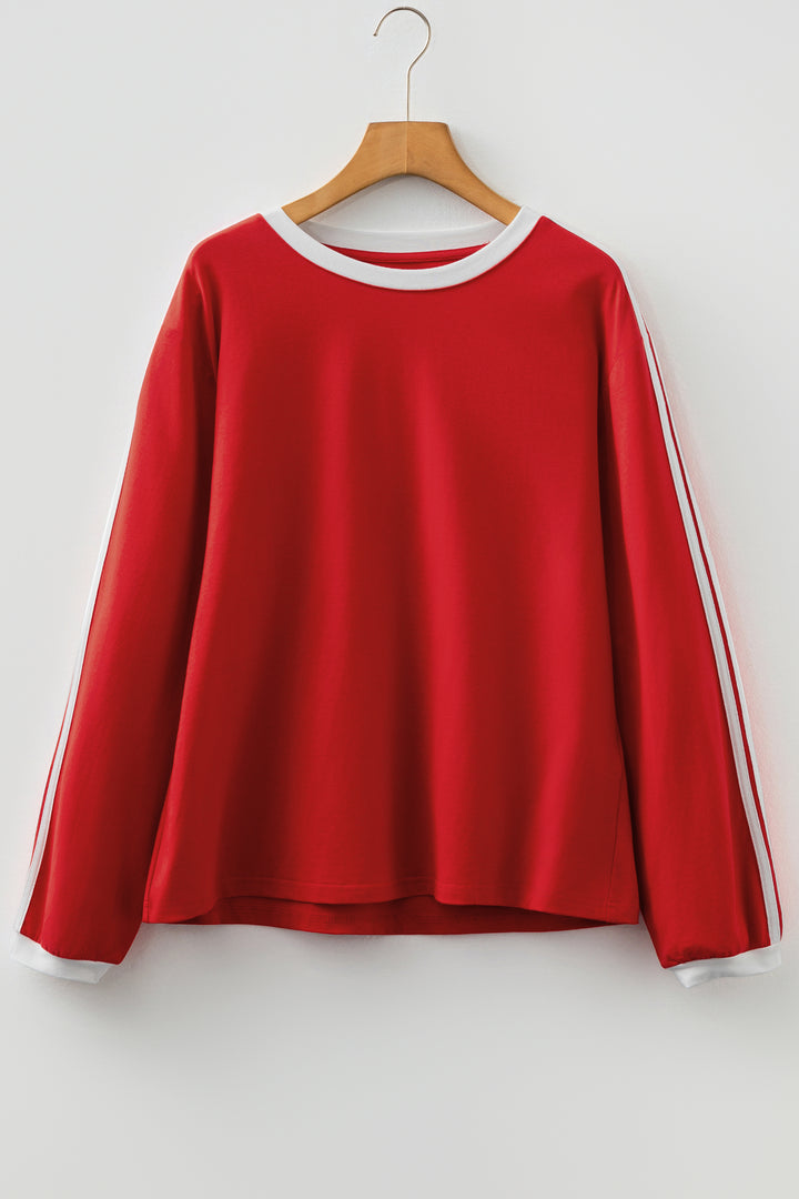 Fiery Red Varsity Striped Accent Contrast Crew Neck Long Sleeve T Shirt