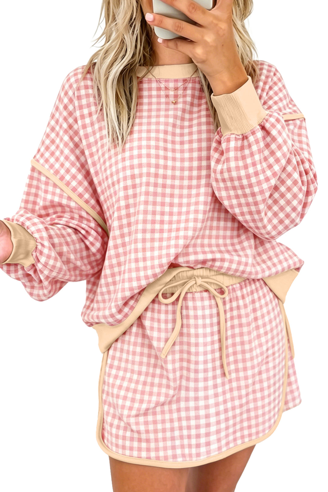 Brown Gingham Oversized Ribbed Trim Crew Neck Long Sleeve Top and Skort Set