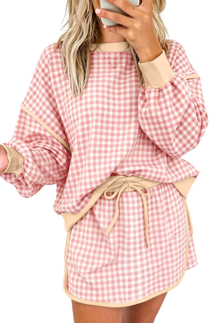 Brown Gingham Oversized Ribbed Trim Crew Neck Long Sleeve Top and Skort Set