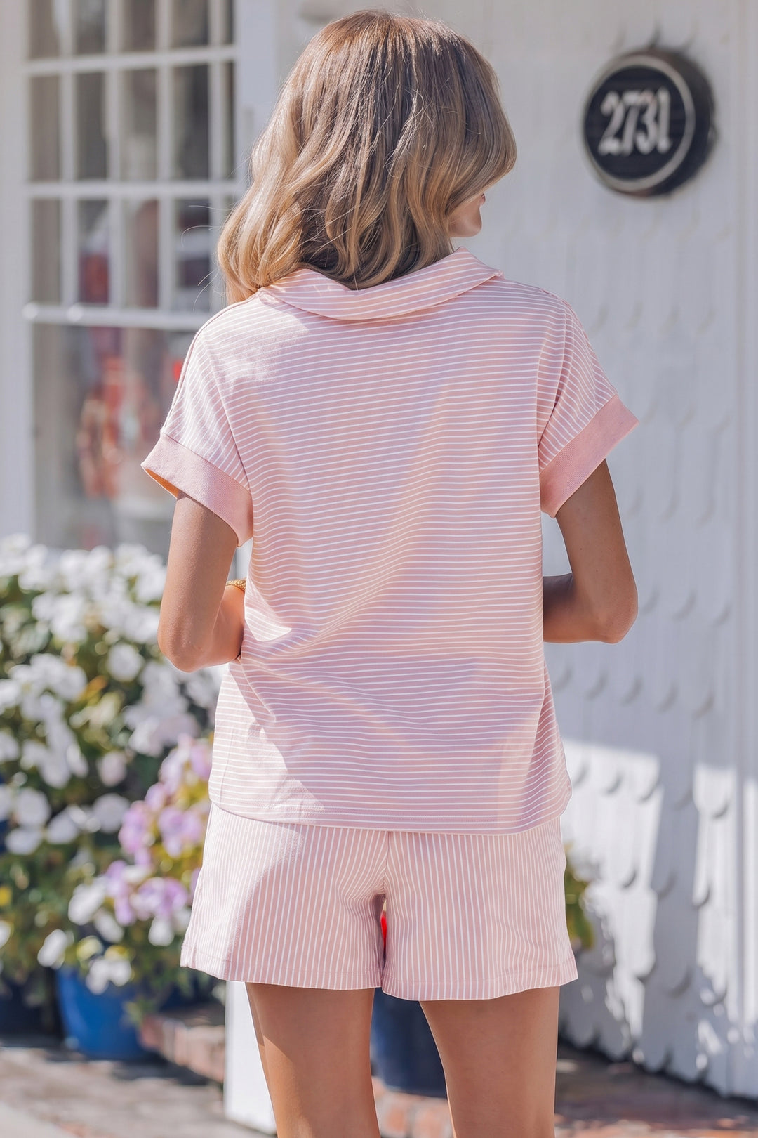 Purple Stripe Dolman Sleeve Polo Shirt and Drawstring Shorts Set