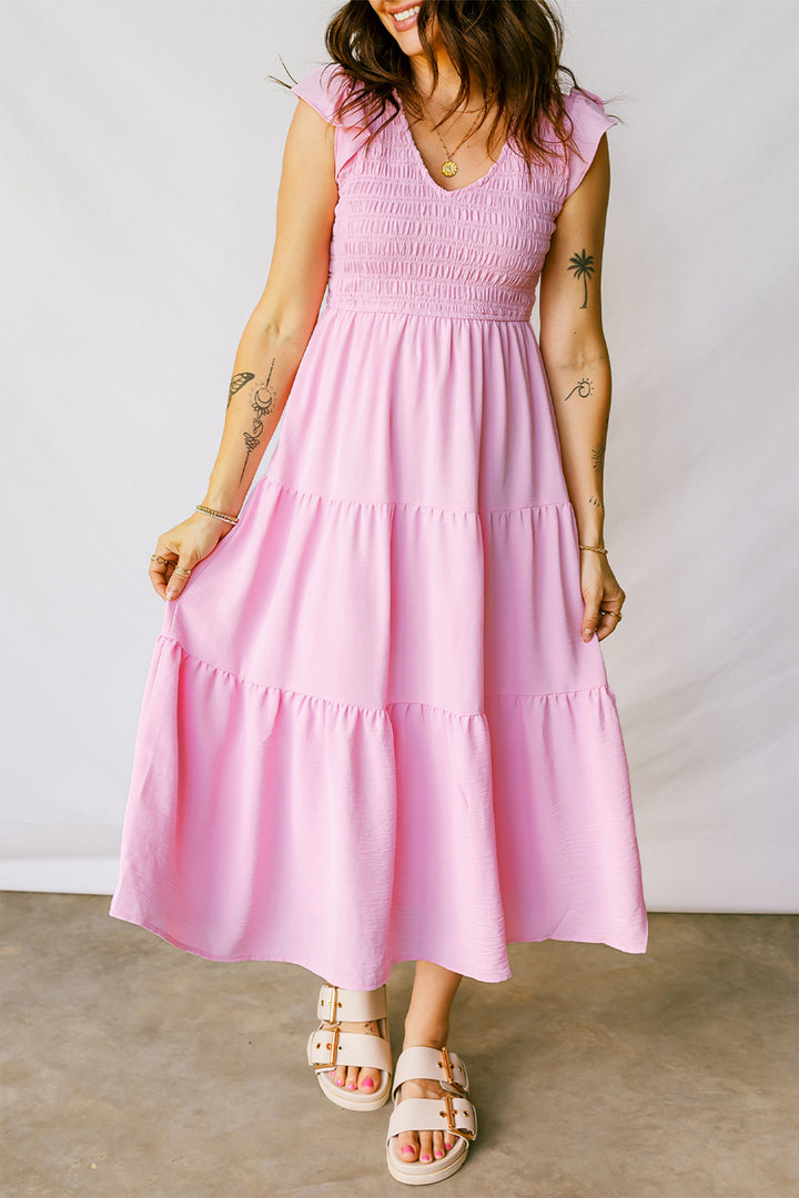 Pink Smocked Bodice Flutter Sleeve Fit Flare Tiered Midi Dress