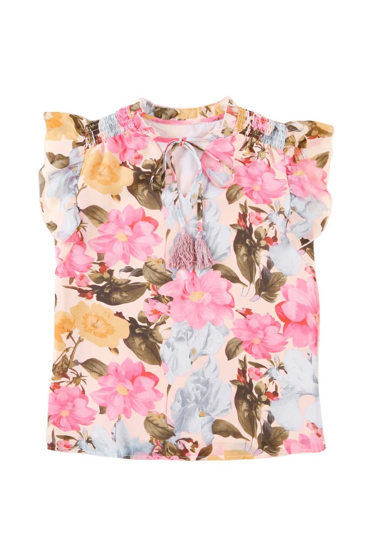 Pink Floral Print Tassel Tie Short Sleeve Blouse | Women