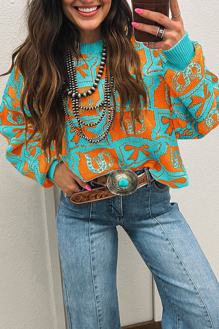 Light Blue Bows &amp; Horseshoes Pattern Western Fashion Print Sweater