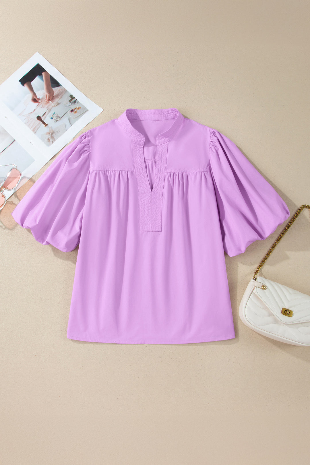 Phalaenopsis Stitched Detail V Neck Puffy Half Sleeve Blouse