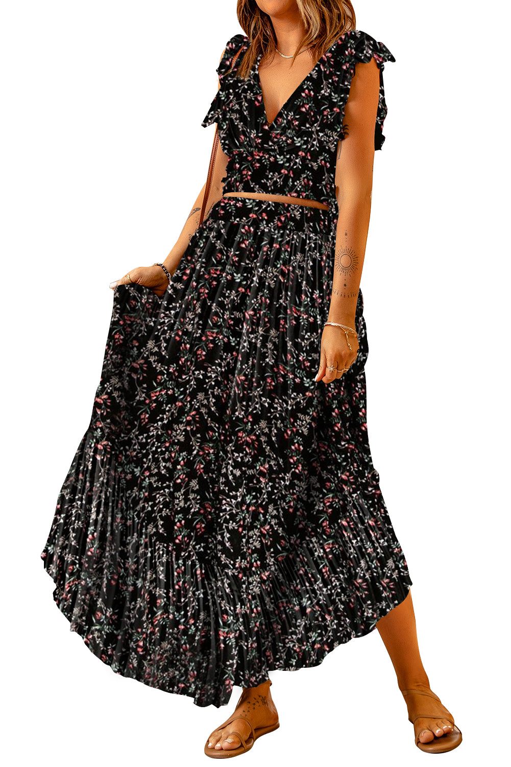 Black Multicolor Floral Ruffled Crop Top and Maxi Skirt Set | Women