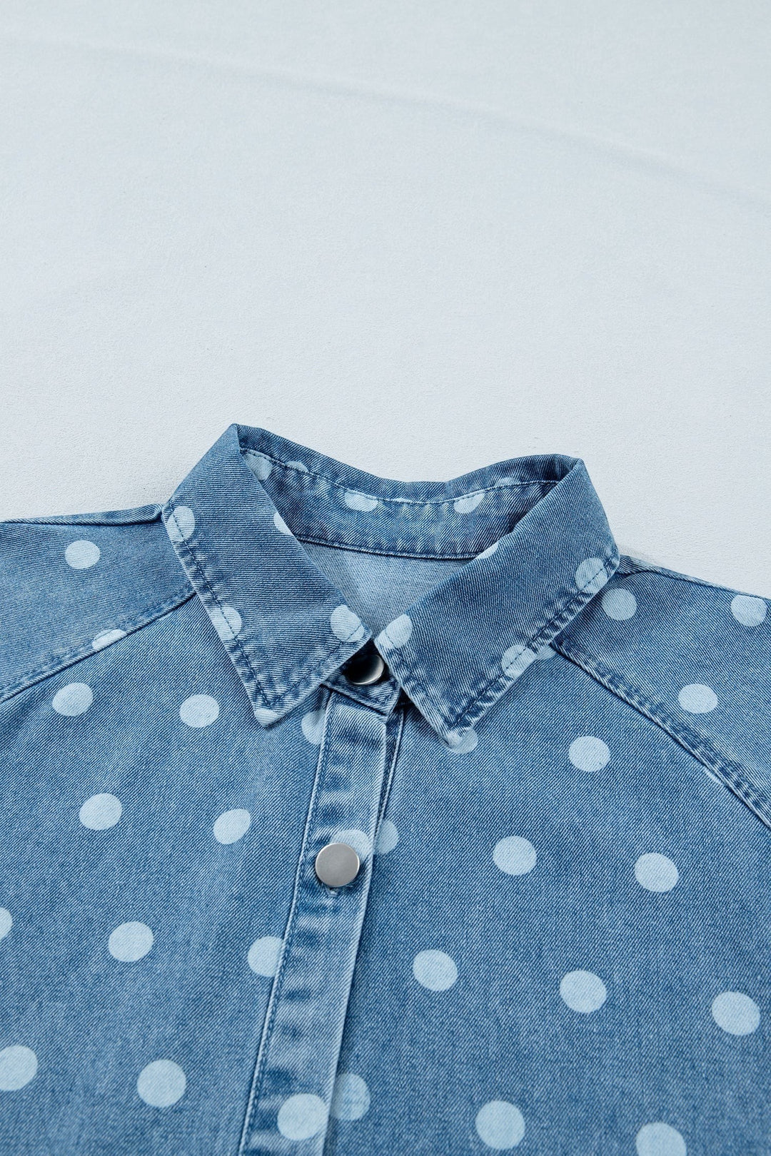 Sky Blue Polka Dot Print Ruffled Short Puff Sleeve Button Down Loose Denim Dress