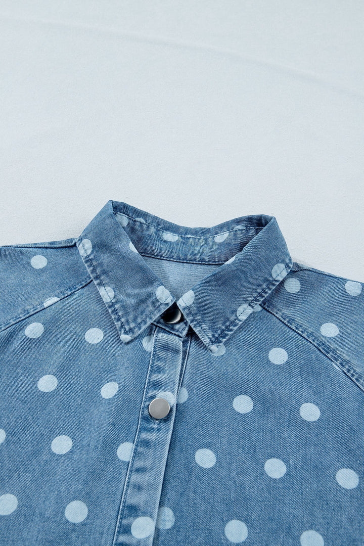 Sky Blue Polka Dot Print Ruffled Short Puff Sleeve Button Down Loose Denim Dress