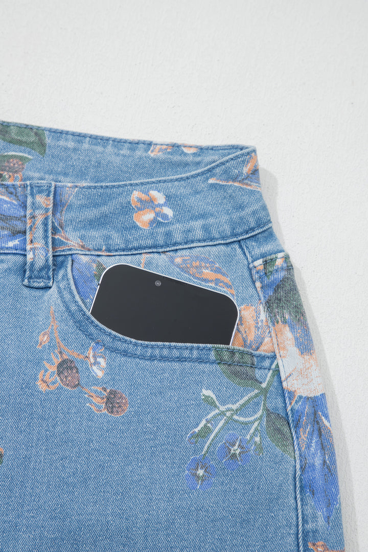 Sky Blue Retro Floral Print Frayed Hem Shift Jeans