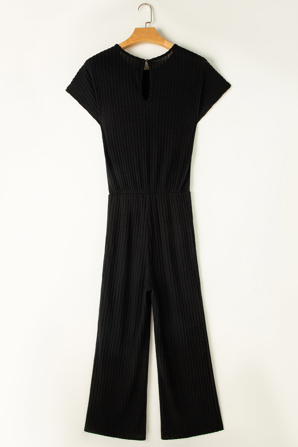 Black Solid Color Ribbed Short Sleeve Wide Leg Jumpsuit | Women