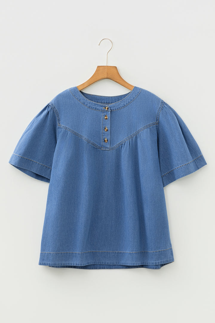 Beau Blue Seam Pleated Detail Half Button Short Sleeve Denim Top