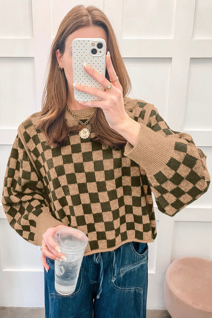 Multicolour Drop Shoulder Plaid Knit Long Sleeve Sweater