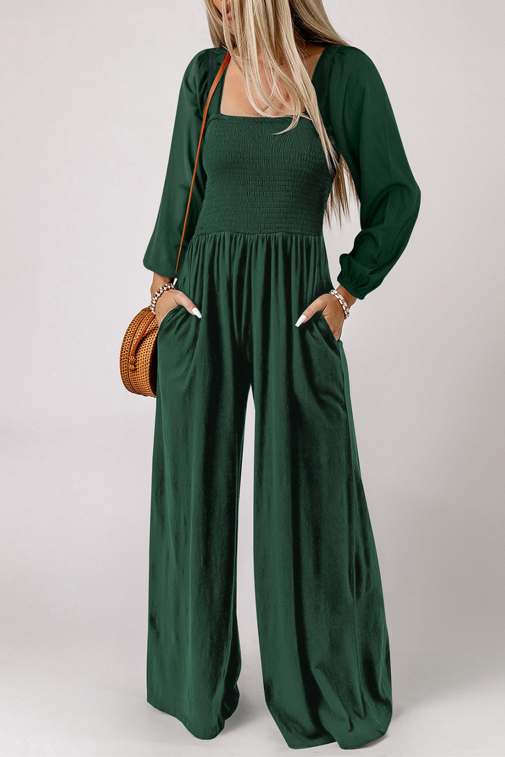 Black Smocked Square Neck Long Sleeve Wide Leg Jumpsuit | Women