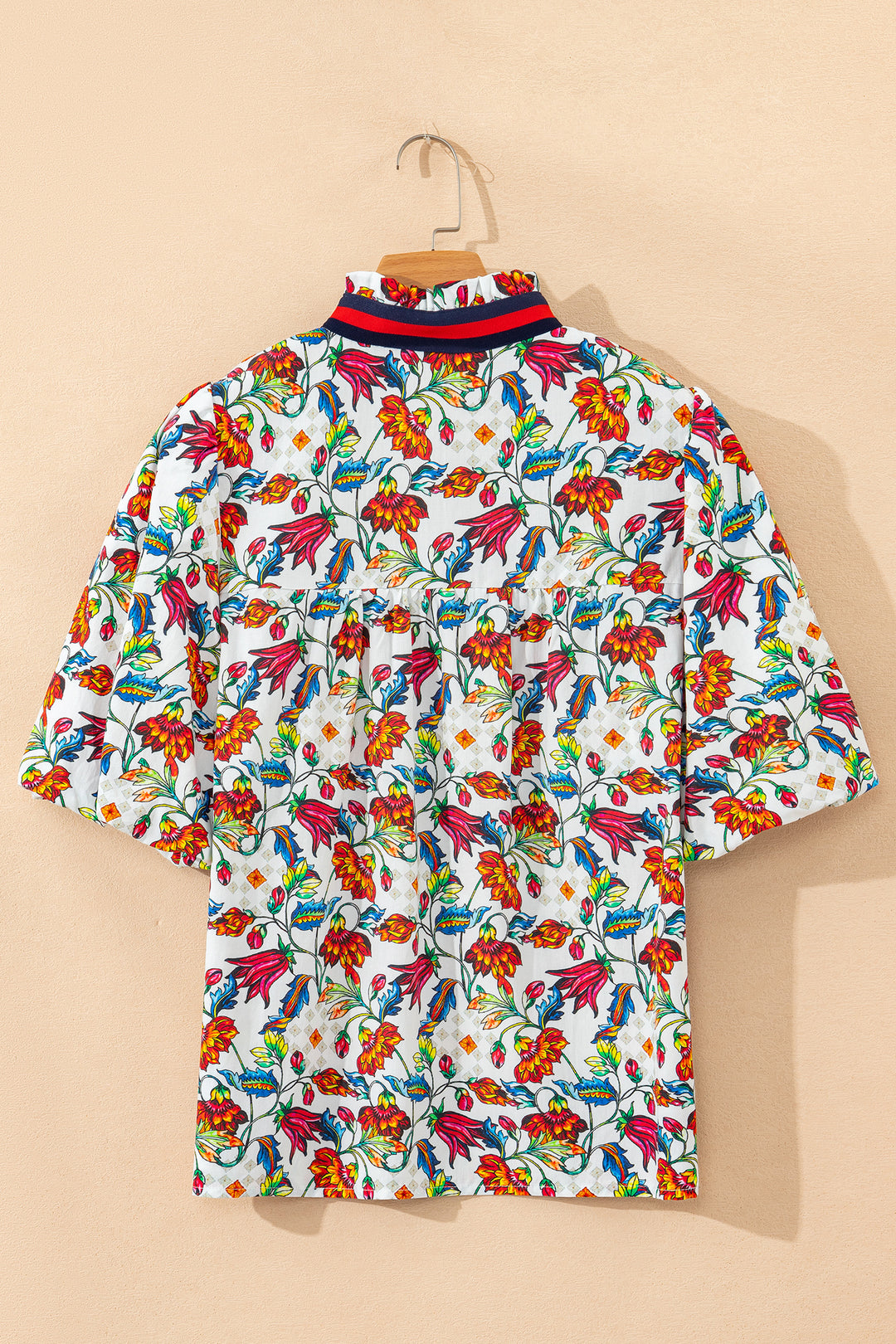 Multicolour Contrasted V Neckline Floral Puff Short Sleeve Blouse