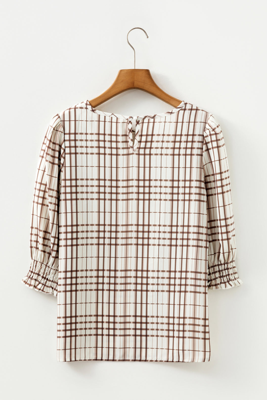 White Plaid Print Frilled Puffy Half Sleeve Blouse