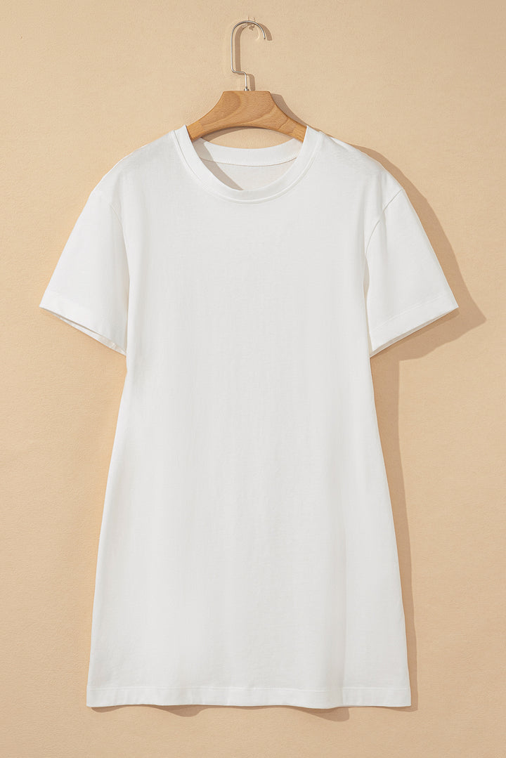 White Drop Shoulder Crew Neck Shift T Shirt Dress