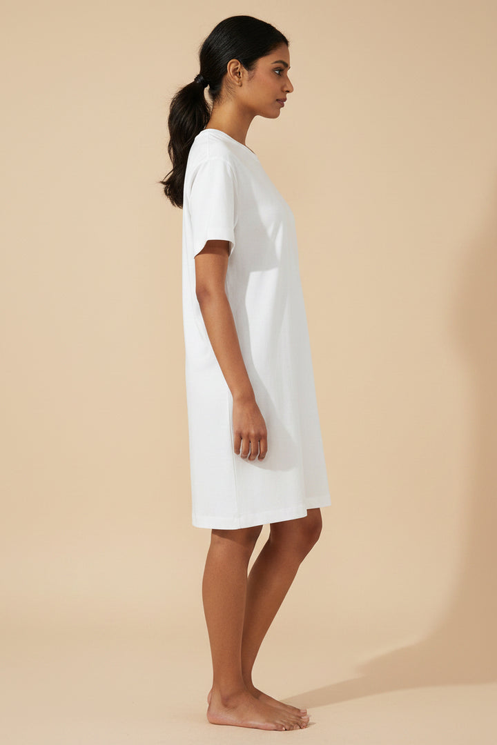 White Drop Shoulder Crew Neck Shift T Shirt Dress