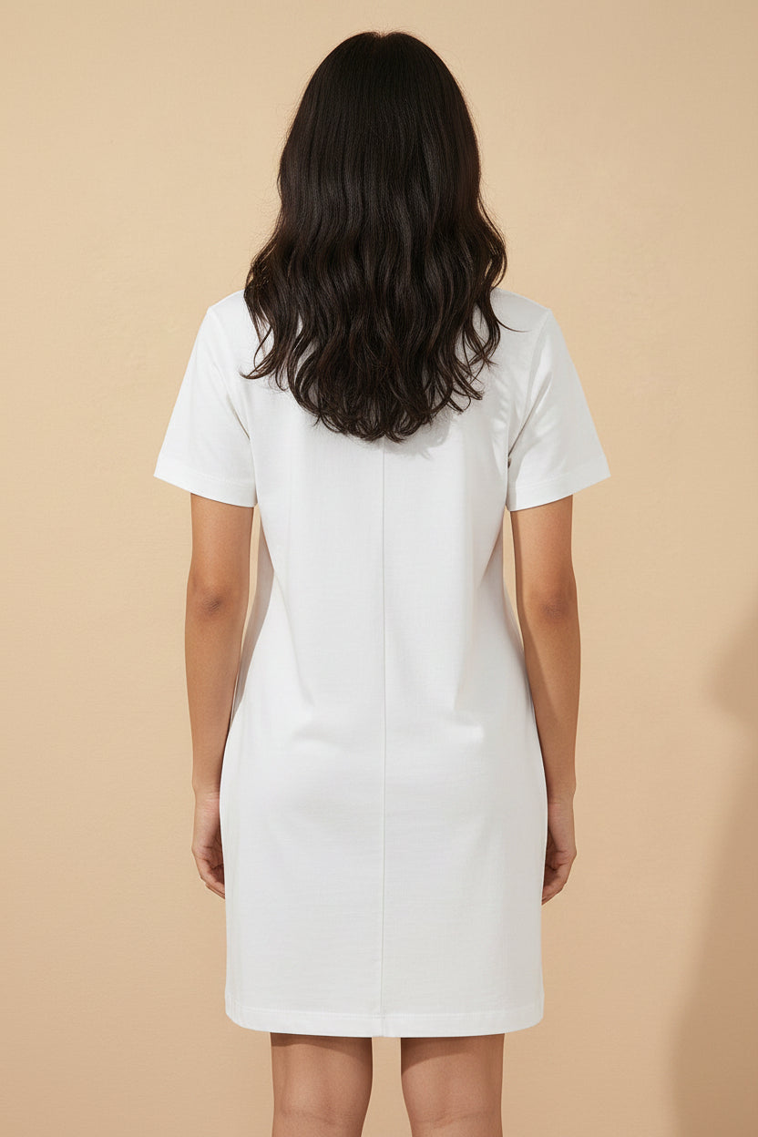 White Drop Shoulder Crew Neck Shift T Shirt Dress