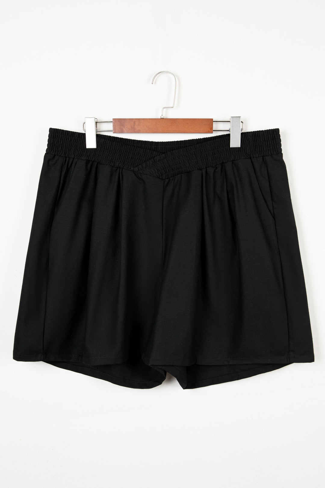 Black Plus Size Crossed Elastic Waist Cotton Linen Loose Shorts