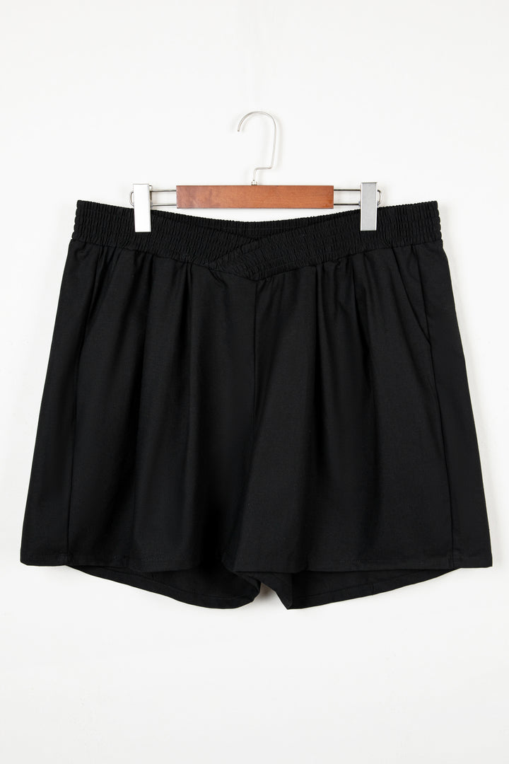Black Plus Size Crossed Elastic Waist Cotton Linen Loose Shorts
