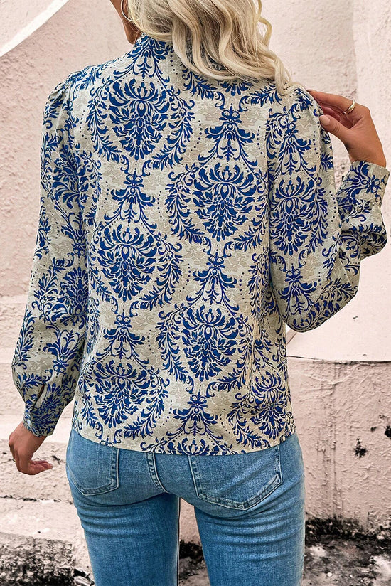 Sky Blue Bohemian Printed Bishop Sleeve Lace Shirt | Women